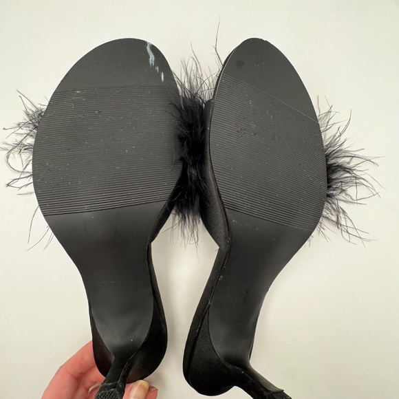Black Feathered Satin Mules Sandals Size 6, Mantles Lingerie Dress Slippers - Picture 9 of 14